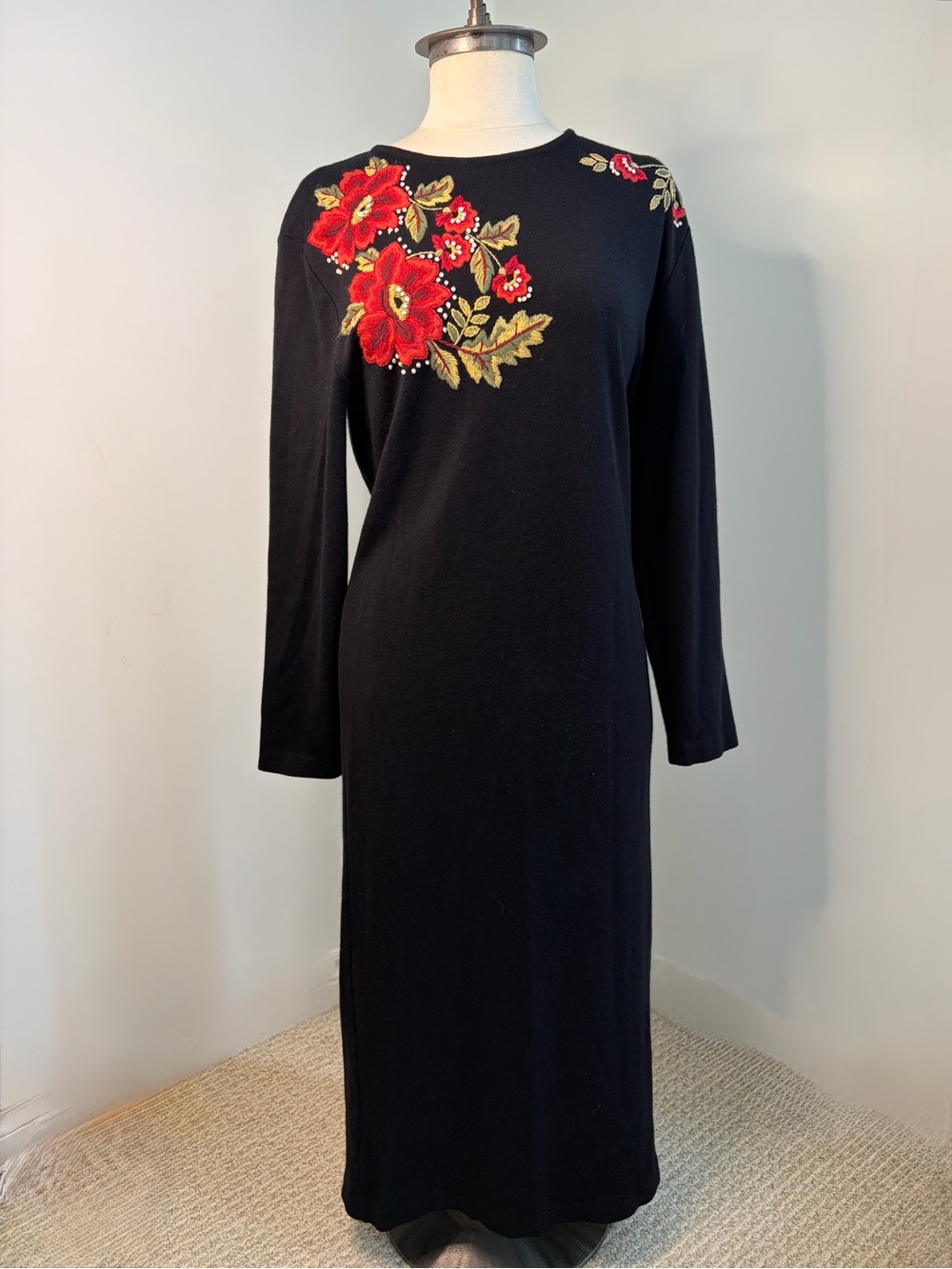 SUSAN BRISTOL Vintage Black Hand Embroidered Floral Knit Maxi Dress SZ 12